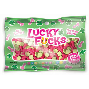 Lucky F*cks 3 ounces bag from Candyprints. Get Lucky! What better way to celebrate your good fortune than with a delicious bag of Lucky Fucks. Each display contains approximately 100 pieces or 3 ounces of Penis and Shamrock sour candies. These sweet confe