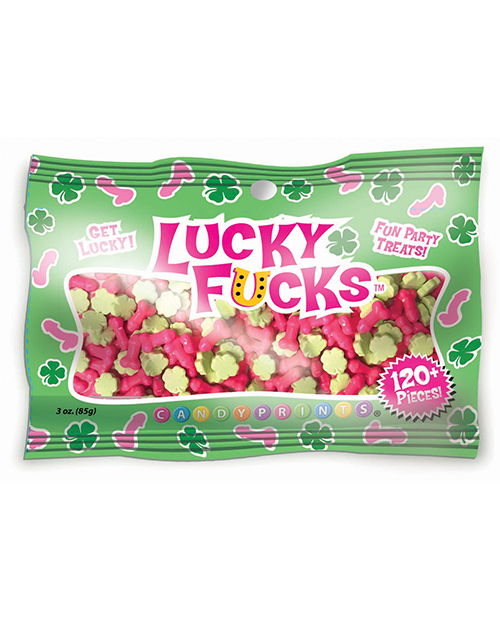 Lucky F*cks 3 ounces bag from Candyprints. Get Lucky! What better way to celebrate your good fortune than with a delicious bag of Lucky Fucks. Each display contains approximately 100 pieces or 3 ounces of Penis and Shamrock sour candies. These sweet confe