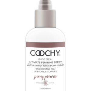 Coochy Oh So Fresh Intimate + Deodorizing and pH Balancing Feminine Spray Peony Prowess 4 fluid ounces. Refreshes and soothes. Keep your Coochy feeling fresh and fabulously fragrance Infused with natural deodorizing agents and essential oil extracts