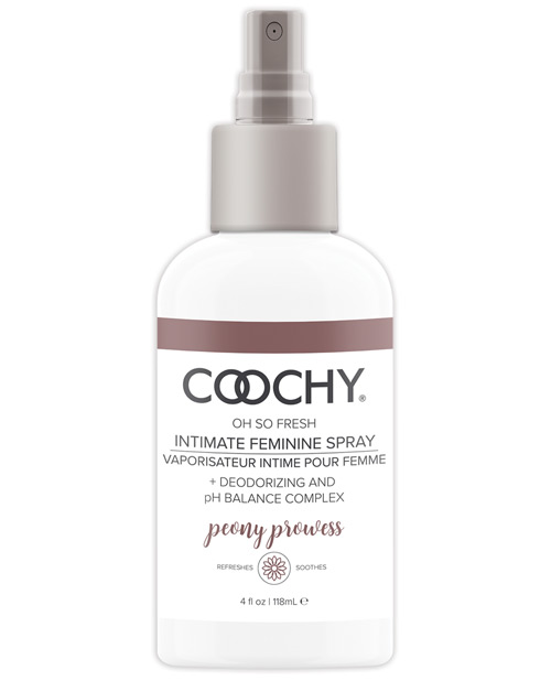 Coochy Oh So Fresh Intimate + Deodorizing and pH Balancing Feminine Spray Peony Prowess 4 fluid ounces. Refreshes and soothes. Keep your Coochy feeling fresh and fabulously fragrance Infused with natural deodorizing agents and essential oil extracts