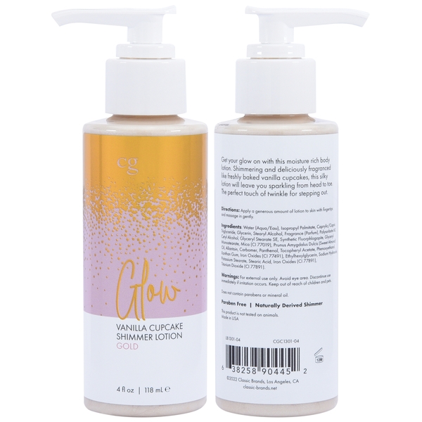 Glow Vanilla Cupcake Shimmer Lotion Gold 4 fluid ounces from Classic Erotica. Gold Shimmer Lotion get your glow on with this moisture rich body lotion. Shimmering and deliciously fragranced like freshly baked vanilla cupcakes