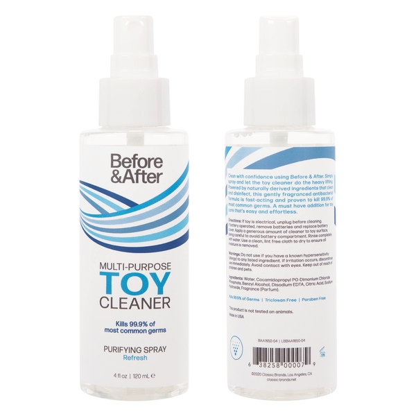 Before and After Toy Cleaner Spray 4 fluid ounces from Classic Erotica. Clean with confidence using Before and After. Simply spray and let the toy cleaner do the heavy lifting. Powered by naturally derived ingredients that clean and disinfect