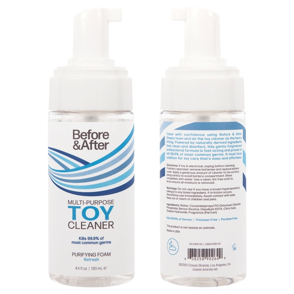 Before and After Toy Cleaner Puryfying Foam Refresh 4.4 ounces from Classic Erotica. Features: powered by naturally derived ingredients. Proven to kill 99.9% of germs. Antibacterial formula is easy to apply and fast acting. Triclosan free. Paraben free. I