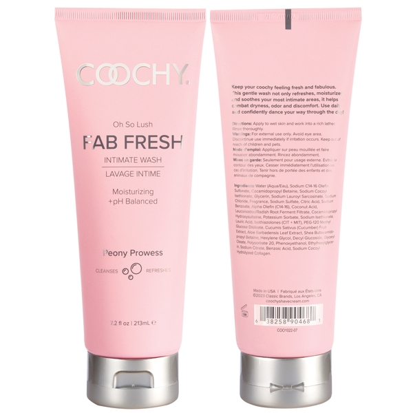 Coochy Fab Fresh Feminine Intimate Wash 7.2 fluid ounces Peony Prowless from Classic Erotica Classic Brands. Coochy Oh So Lush Fab Fresh Intimate Wash to keep your coochy feeling fresh and fabulous. This gentle wash not only refreshes