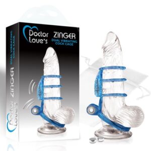 Doctor Love Zinger Dual Vibrating Sleeve Blue. The Zinger by Doctor Love is a vibrating pleasure cage designed to heighten pleasure for both you and your partner. The super slim micro vibrator sends out 11