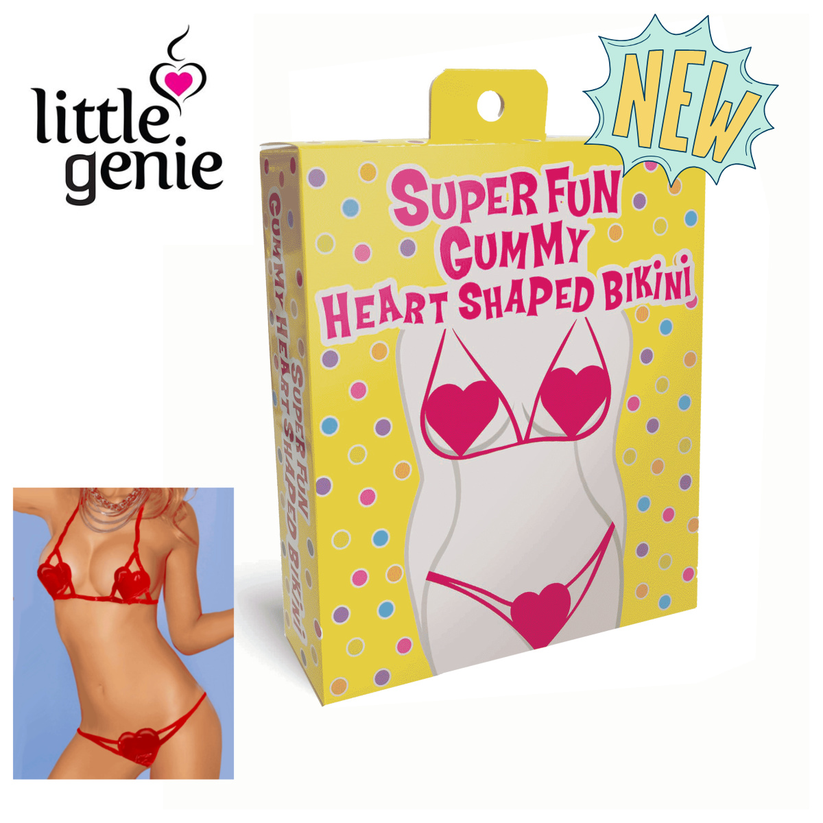 Super Fun Gummy Bikini Set from Candyprints. Get ready to turn heads with the Super Fun Gummy Bikini the ultimate combination of fun and flavor! You will feel deliciously fabulous in this heart shaped bikini with adjustable tie straps