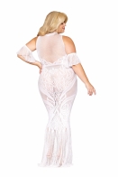 Bodystocking Gown White Q/S from Dreamgirl Lingerie. Features a custom designed lace pattern and fishnet insets for an intricate and unique look. Turtleneck design with a fit and flair fishnet hem adds a touch of sophistication and style. Includes separat