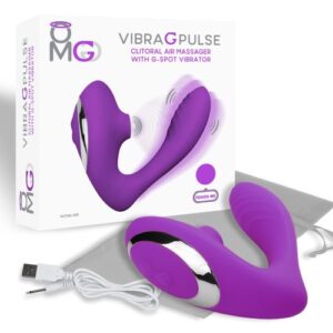 OMG Vibra G Pulse Clitoral Massager with G-Spot Vibrator Purple from Doctor Love. A wave of pleasure seeking possibilites. Clitoral air massager with G-Spot Vibration. 10 vibration modes. 8