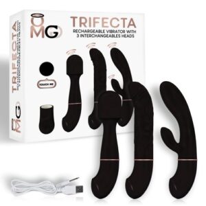 Trifecta Rechargeable Vibrator with 3 Interchangeable Heads Black from Doctor Love. Rechargeable via USB 10 patterns of vibrations. Waterproof vibrator. Made using velvety texture Silicone  13