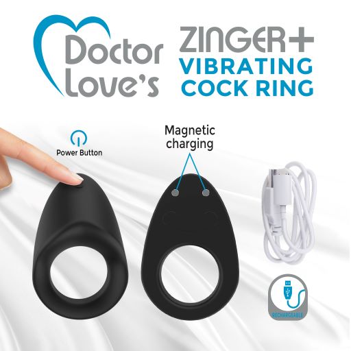 Rechargeable Vibrating Cock Ring Black from Doctor Love. Size 2.7 inches by 1.6 inches. 3 speeds 20 patterns of silent vibrations. 50 dB per minute. Up to 13