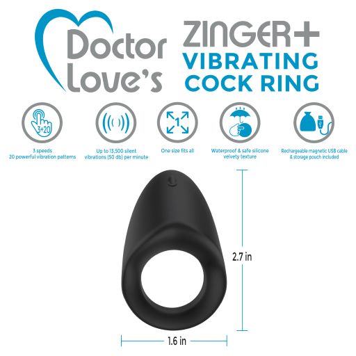 Rechargeable Vibrating Cock Ring Black from Doctor Love. Size 2.7 inches by 1.6 inches. 3 speeds 20 patterns of silent vibrations. 50 dB per minute. Up to 13