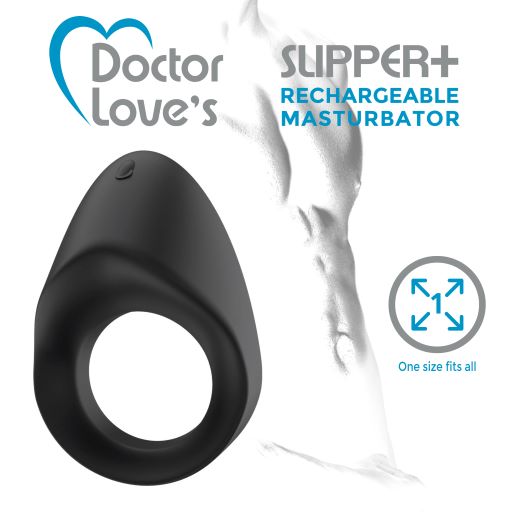Rechargeable Vibrating Cock Ring Black from Doctor Love. Size 2.7 inches by 1.6 inches. 3 speeds 20 patterns of silent vibrations. 50 dB per minute. Up to 13