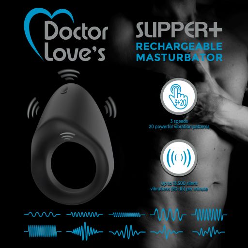 Rechargeable Vibrating Cock Ring Black from Doctor Love. Size 2.7 inches by 1.6 inches. 3 speeds 20 patterns of silent vibrations. 50 dB per minute. Up to 13