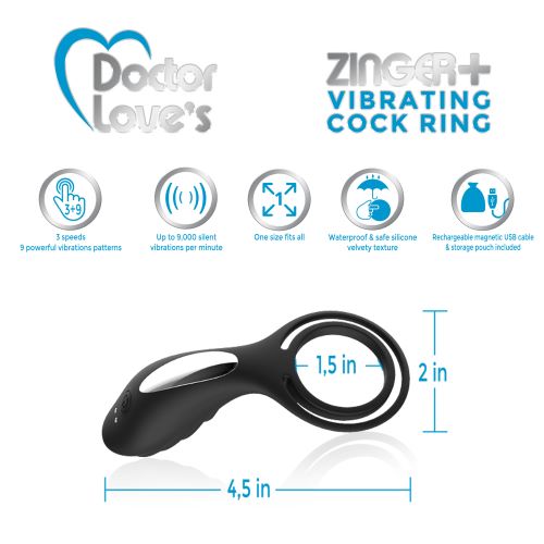 Doctor Love Zinger + Vibrating Rechargeable Cock Ring with Remote Control Black. 3 speeds of powerful vibration patterns. 9 powerful vibrations. Up to 9