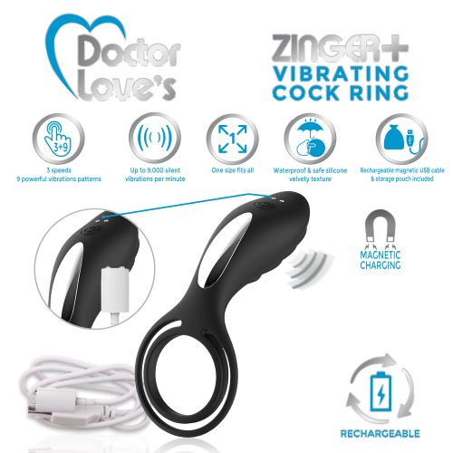 Doctor Love Zinger + Vibrating Rechargeable Cock Ring with Remote Control Black. 3 speeds of powerful vibration patterns. 9 powerful vibrations. Up to 9