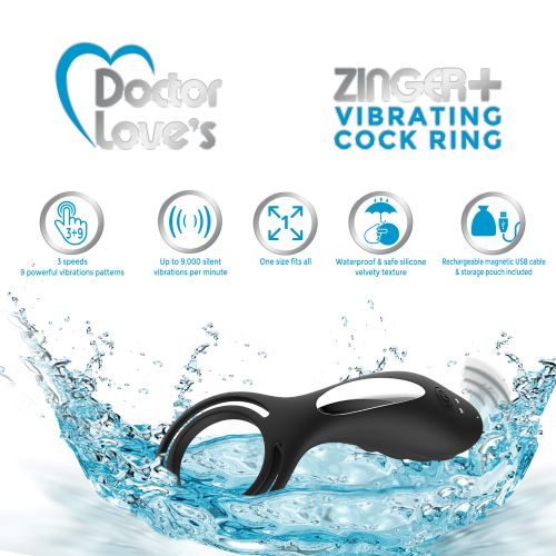 Doctor Love Zinger + Vibrating Rechargeable Cock Ring with Remote Control Black. 3 speeds of powerful vibration patterns. 9 powerful vibrations. Up to 9