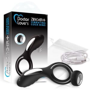 Doctor Love Zinger + Vibrating Rechargeable Cock Ring with Remote Control Black. 3 speeds of powerful vibration patterns. 9 powerful vibrations. Up to 9