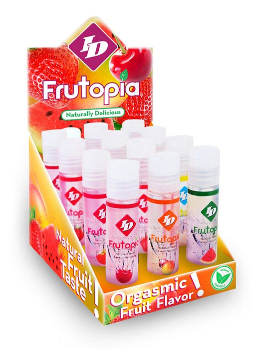 ID Lubricants line Frutopia Display with 12 assorted bottles. All natural treat! Frutopia it is the state of ecstasy you will be in after tasting the natural flavors in our latest lubricant line by ID. Frutopia gives you and your partner a delicious expe