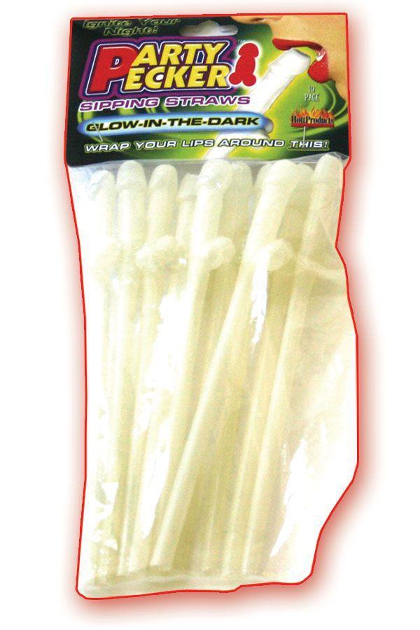 The 10 Party Pecker Sipping Straws Glow in the Dark from Hott Products. Straws are veined