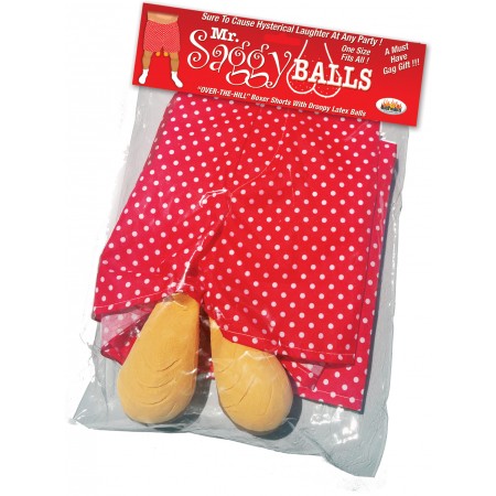 Mr. Saggy Balls Boxer Shorts boxer shorts with droopy latex balls. Over the hill. Sure to cause hysterical laughter at any party. A must have adult gag gift. Imagine the look on your friends faces when they see your balls hanging from your shorts. Boxer B