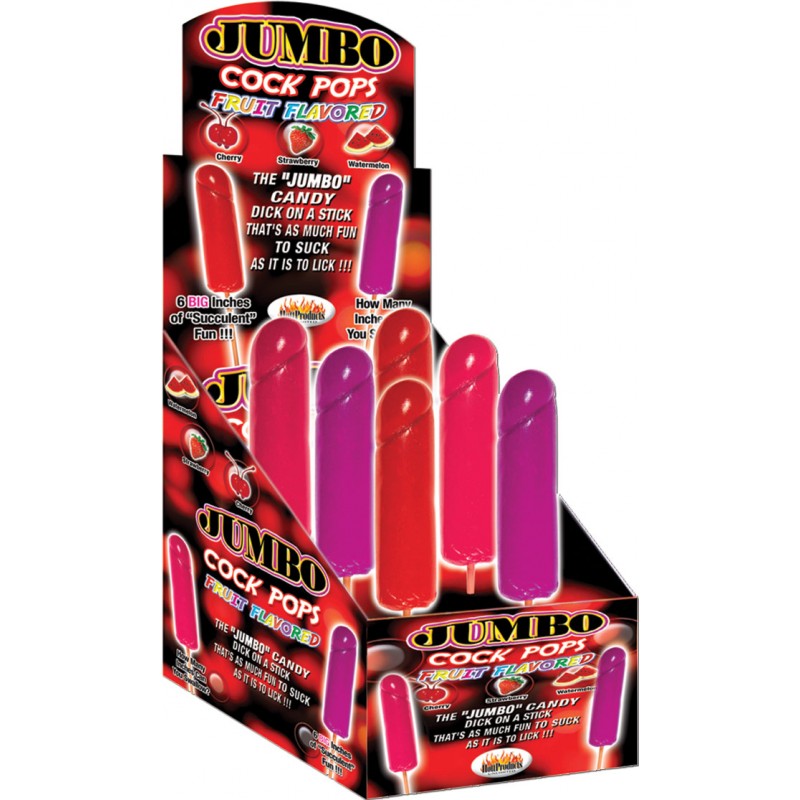 The Jumbo Fruit Flavored Cock Pops 6 pieces display. that is as much fun to suck as it is to lick! 6 big inches of succulent fun! How many colors can you swallow ? Well find out when you suck on one of our great tasting Jumbo Rainbow Cock Pops! These Jumb