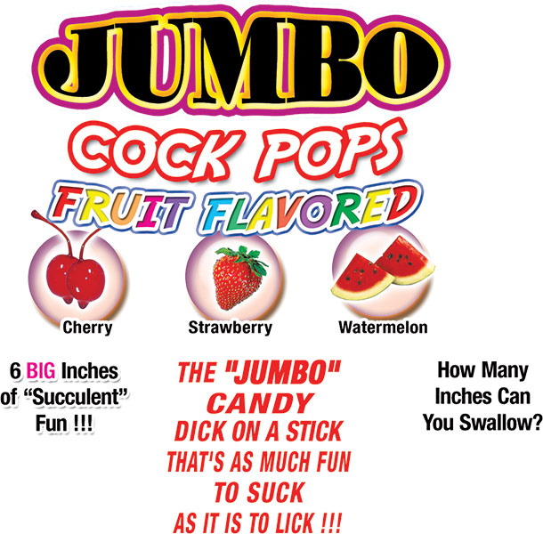 The Jumbo Fruit Flavored Cock Pops 6 pieces display. that is as much fun to suck as it is to lick! 6 big inches of succulent fun! How many colors can you swallow ? Well find out when you suck on one of our great tasting Jumbo Rainbow Cock Pops! These Jumb