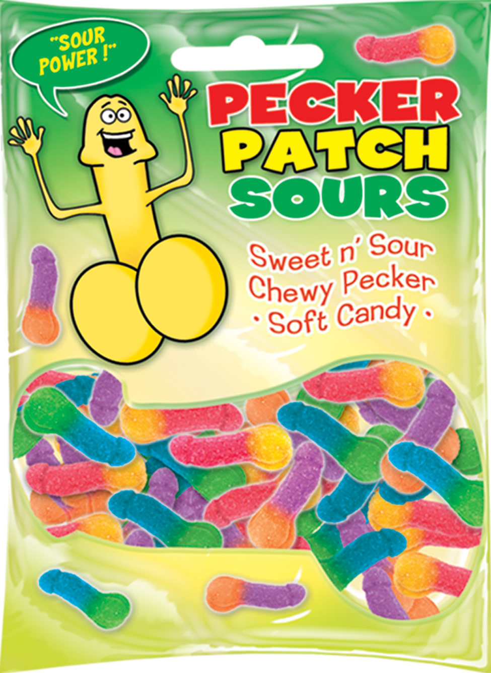 Sour Pecker Patch Display 12 pieces point of purchase with a colorful header. Get your taste buds ready for some Sweet and Sour Fun! Fashioned in the shape of a cute little pecker. Pecker Patch Sours are sure to be a hit when ever and where ever you open