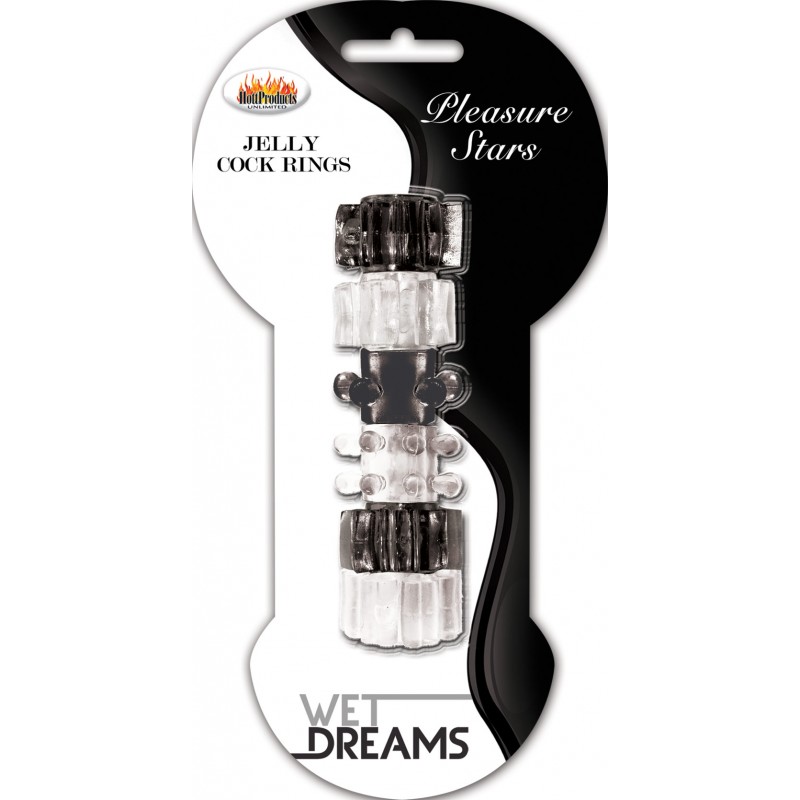Hung Pleasure Stars Jelly Cock Rings Jelly Stars Cock Rings are the perfect fit to keep you hard all night long for your next Intimate encounter! Come in black and clear to tease and please! Super soft Silicone. Stretchy band fits any man! Hott Products U