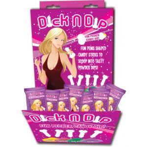 Dick N Dip Pecker Candy Fun Dip point of purchase display with a colorful header and 30 Fun candy dip. 5 fun penis shaped candy sticks to scoop into 4 tasty powdered dips. Banana