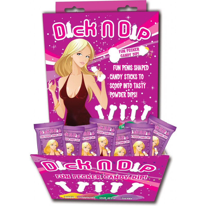 Dick N Dip Pecker Candy Fun Dip point of purchase display with a colorful header and 30 Fun candy dip. 5 fun penis shaped candy sticks to scoop into 4 tasty powdered dips. Banana