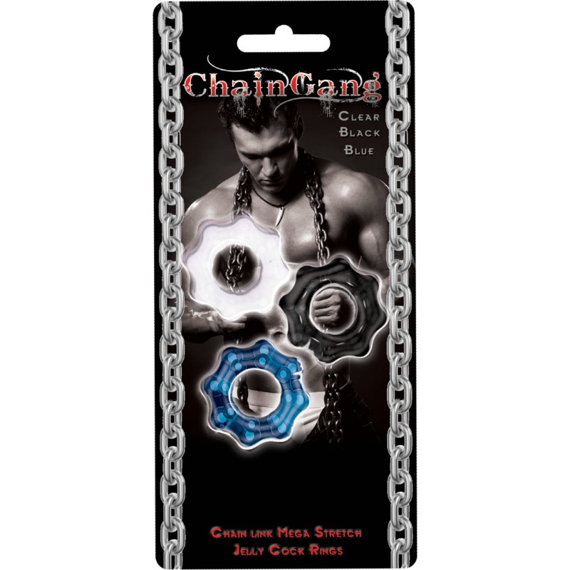 Chain Gang Erection Rings 3 Pack. Individually wrapped cock rings in three assorted colors: Black