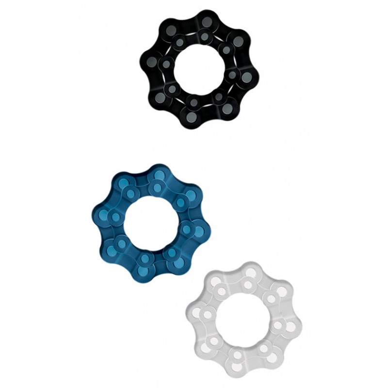 Chain Gang Erection Rings 3 Pack. Individually wrapped cock rings in three assorted colors: Black
