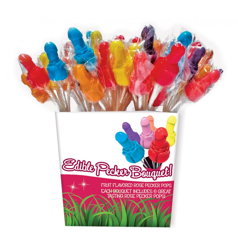 Edible Pecker Bouquet 72 Pieces Pail Display from Hott Products Unlimited. Do up your party the right way with the Edible Pecker Rose Bouquet! Six delectable flavors of Edible Pecker Candy Fun. Great tasting erotic treats that are as much fun to play with
