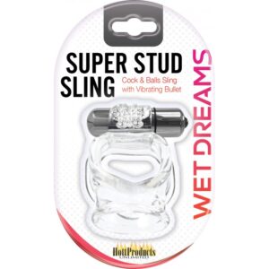 Wet Dreams Super Stud Sling Clear Vibrating Cock Ring from Hott Products Unlimited. Super Stud Sling Clear is specifically designed to increase blood flow to the genital area
