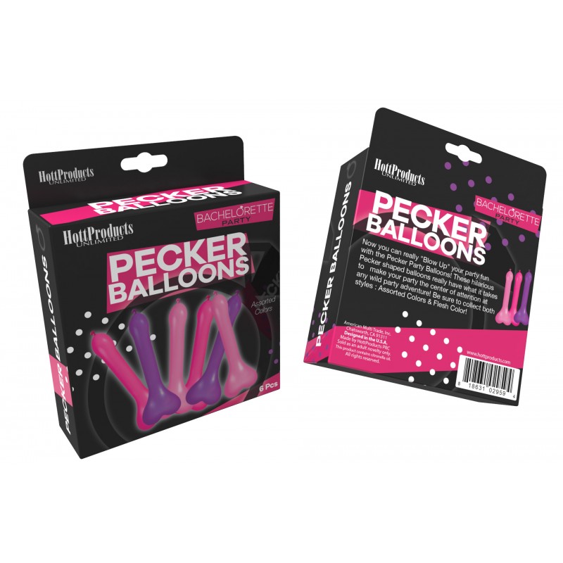 Bachelorette Pecker Balloons Assorted Colors 6 pieces box from Hott Products Unlimited. Now you can blow up your party fun with the Pecker Party Balloons. These hilarious pecker shaped balloons really have what it takes your party the center of attention