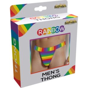 Rainbow Men's Thong from Hott Products Unlimited. Wear your pride proud and loud and make a bold fashion statement in colorful style with the Rainbow Men's Thong. Snug comfy fit and colorful stripes will make you stand out during your next playful encount