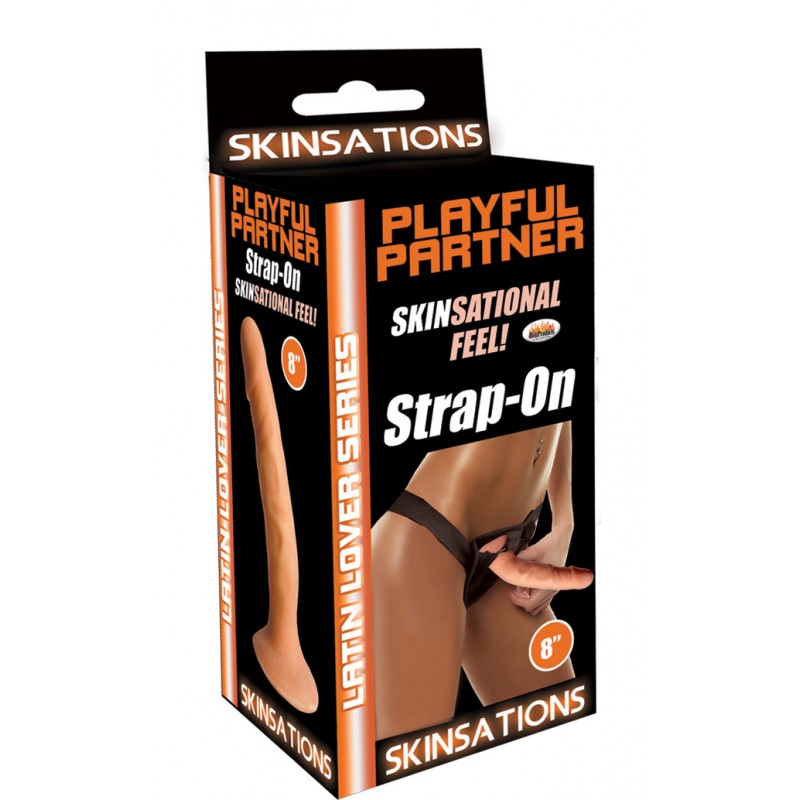 Skinsations Latin Lover Series Playful Partner 8 inches Strap On from Hott Products Unlimited. Slip into something exhilarating! When you slip your member into our amazingly realistic Skinsations Vibrating Dildo