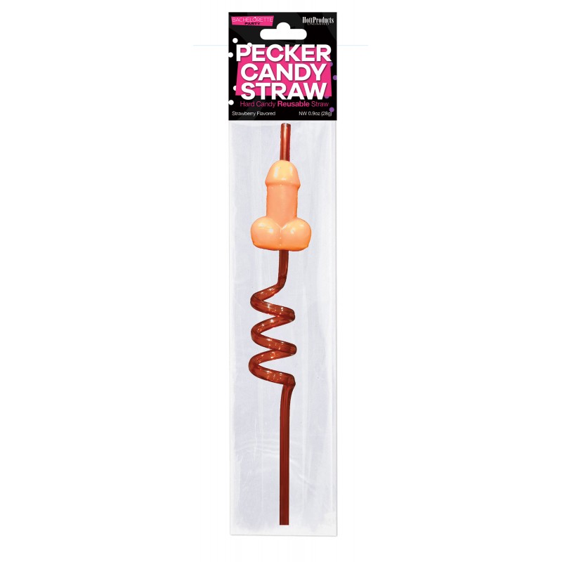 Pecker Candy Straw Hard Sucker from Hott Products Unlimited. Hard sucker. Strawberry lollipop.