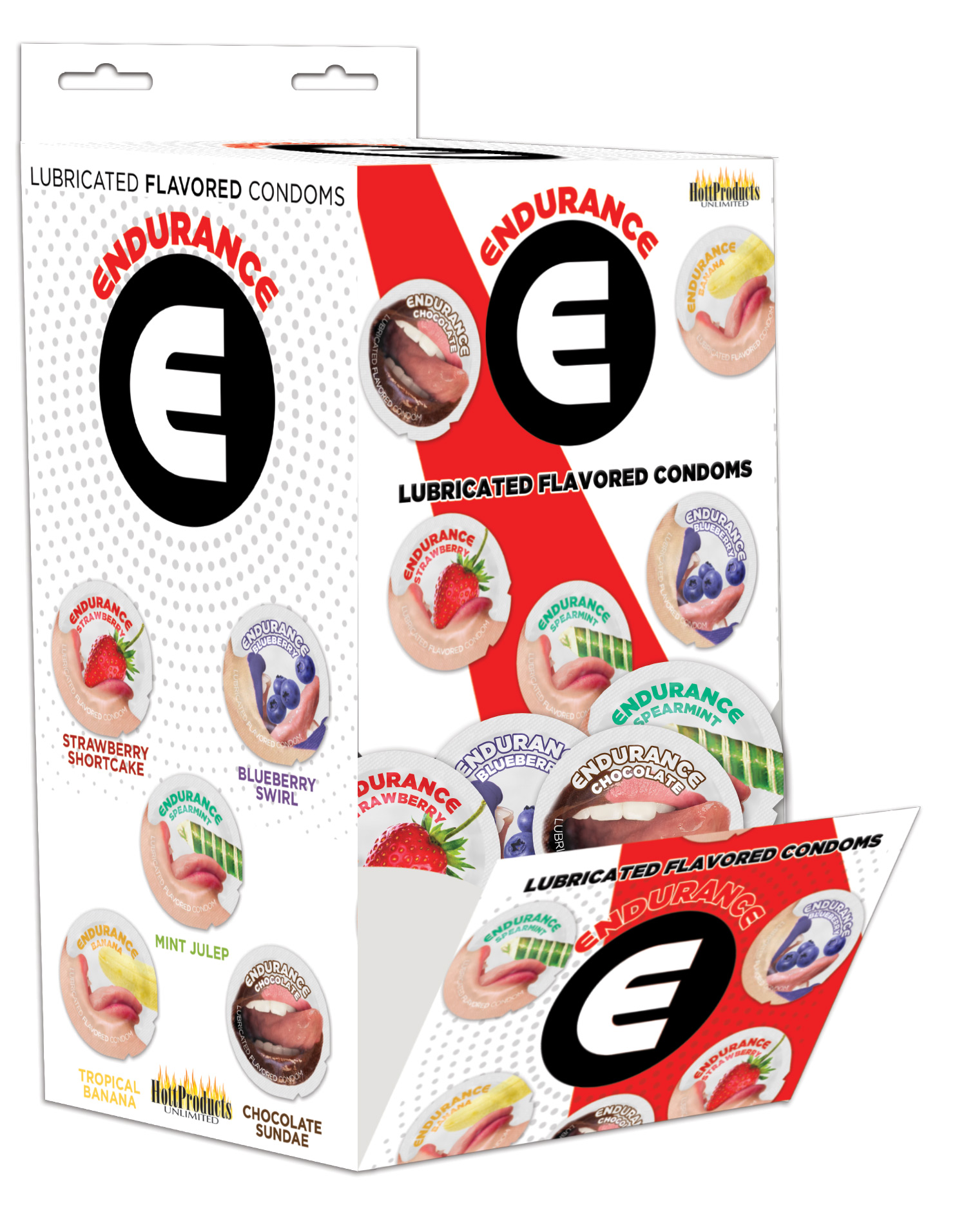 Endurance Flavored Condoms Assorted Flavors 144 Pieces Wall Mount display from Hott Products Unlimited. Endurance Lubricated Flavored Condoms flavors include: Tropical Banana