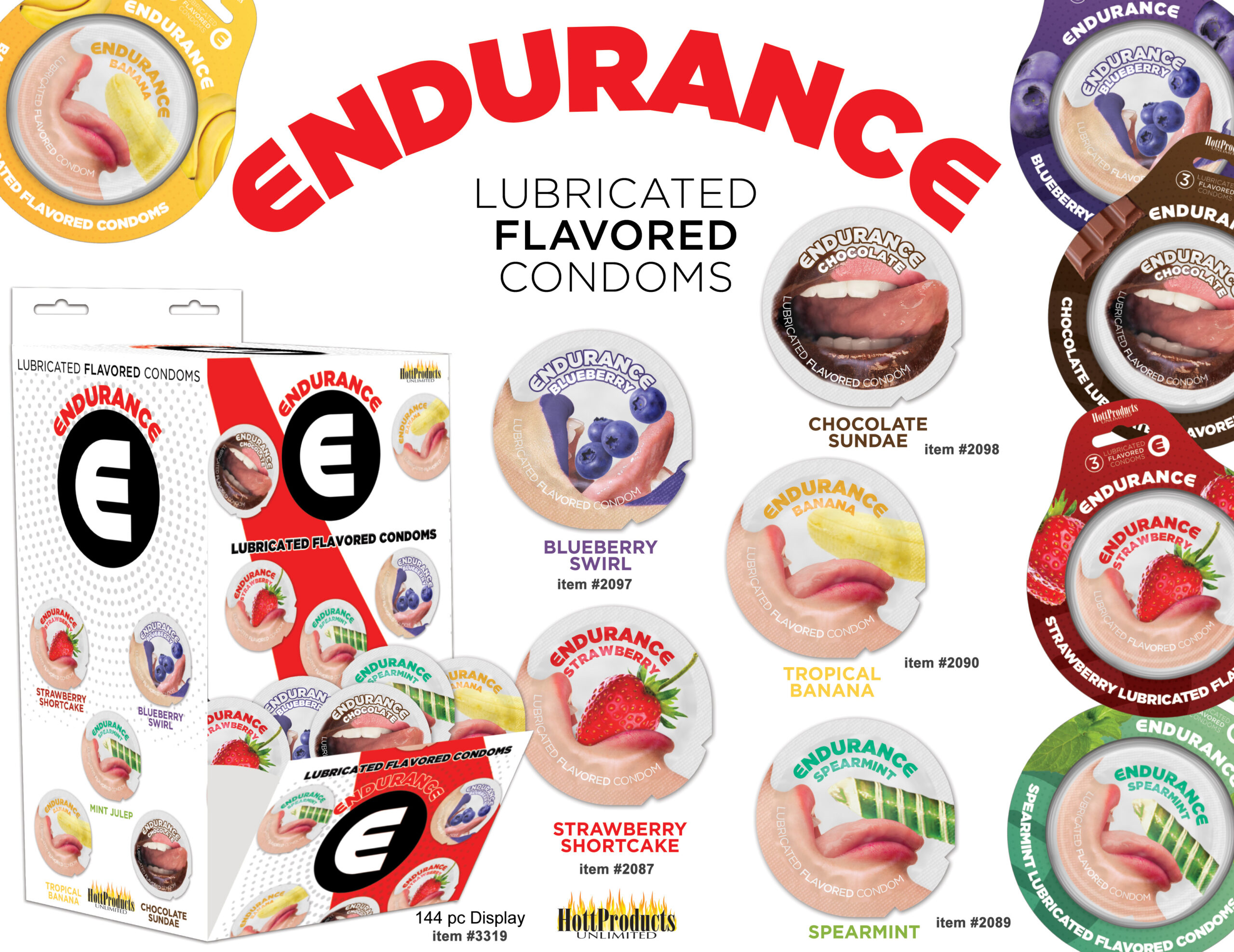 Endurance Flavored Condoms Assorted Flavors 144 Pieces Wall Mount display from Hott Products Unlimited. Endurance Lubricated Flavored Condoms flavors include: Tropical Banana