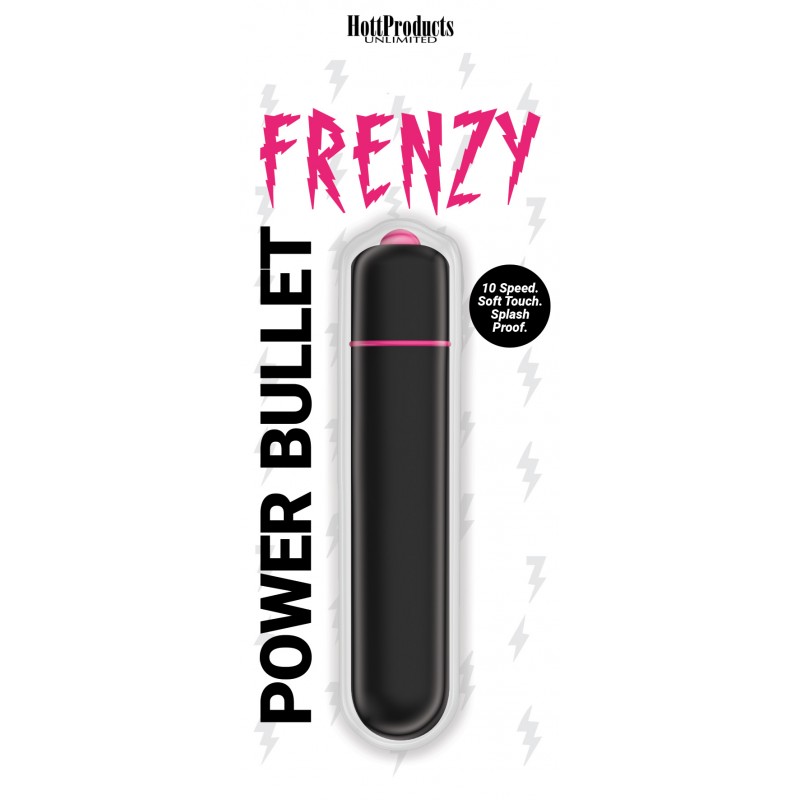 Frenzy Power Bullet Vibrator 10 Speeds Black Unlimited. Features: 10 speed bullet vibrator. Easy on/off action. Soft Touch material. Splash Proof for shower use only. Vibrator requires 1 AAA battery