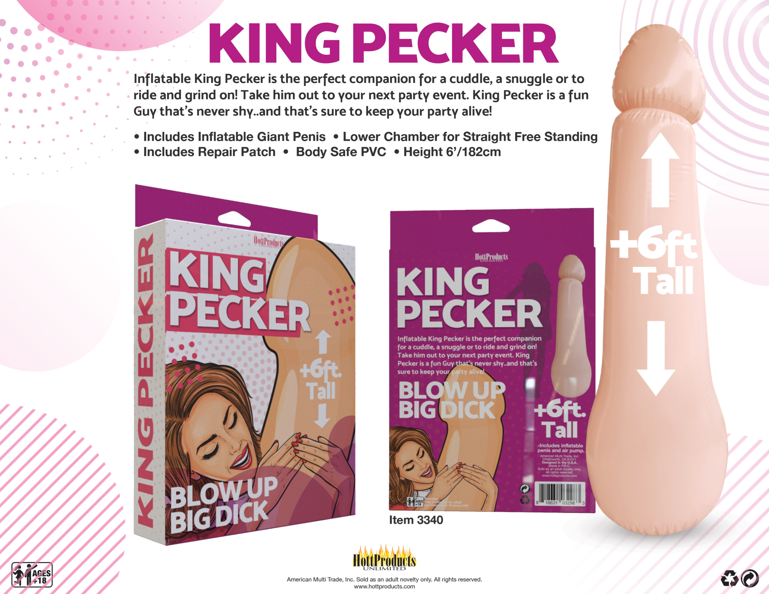 King Pecker 6 Feet Giant Inflatable Penis from Hott Products Unlimited. Inflatable King Pecker is the perfect companion for a cuddle