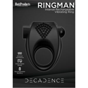 (WD) Decadence Ringman Vibrating Cock Ring Black from Hott Products Unlimited. Have you heard of a Wing Man? Well now we have got your Ring Man! This powerful Cock ring has the most intense vibration ever! with Multiple waves of stimulation that will caus