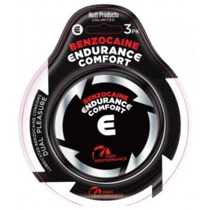 Endurance Comfort Benzocaine Latex Condoms 3 Count Package. Endurance Lubricated  Condoms.3 pack. Benzocaine is a local anesthetic and pain reliever. It works by temporarily numbing the area to which it is applied. Benzocaine helps in delaying ejaculation