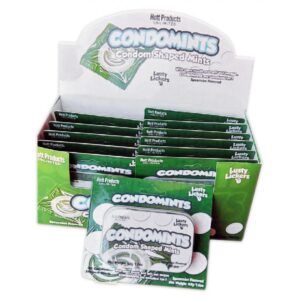 Condomints 12 Piece Display from Hott Products. Lusty lickers. Want breath as fresh as winter snow? Try a Spearmint and you are good to go! With open mouth and soft wet tongue. Condomints are succulent fun. Condom shaped breath mints. Features: 12 condom