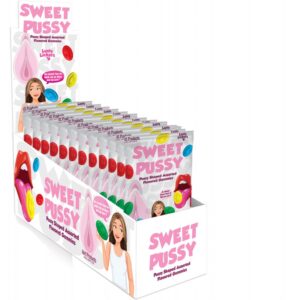 Sweet Pussy Gummies 4 Assorted Fruit Flavors 12 Piece Display from Hott Products. Sweet Pussy shaped assorted Gummies. Features: 12 Pussy Shaped Gummies Display. Great taste. Assorted flavors. Display is a point of purchase display. Easy to assemble. Pret