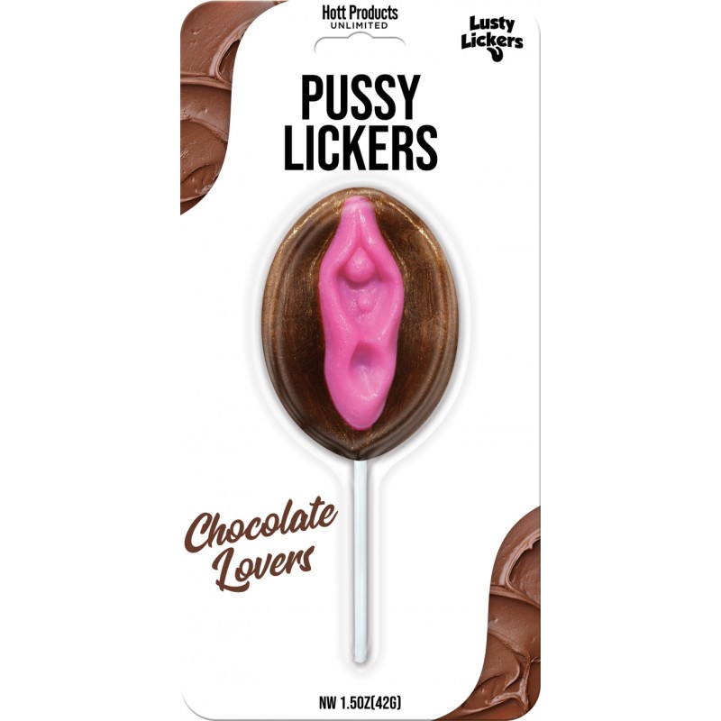 Pussy Pop Chocolate Lovers Sucker 1.5 ounces from Hott Products. Lusty Lickers Pussy Pop Pussy shaped Chocolate flavored candy on a stick. Our pussies taste great! Features: 1 per package. Great taste. Adults only please. 127 calories. Calories from fat =