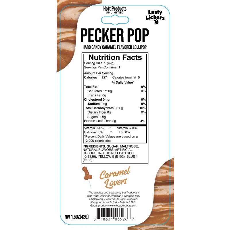 Pecker Pop. Penis Pop Caramel Lovers Sucker 1.5 ounces from Hott Products. Lusty Lickers Penis Pop Pecker shaped Caramel hard candy flavored candy on a stick. Our penis tastes great! Features: 1 per package. Great taste. Adults only please. 127 calories.