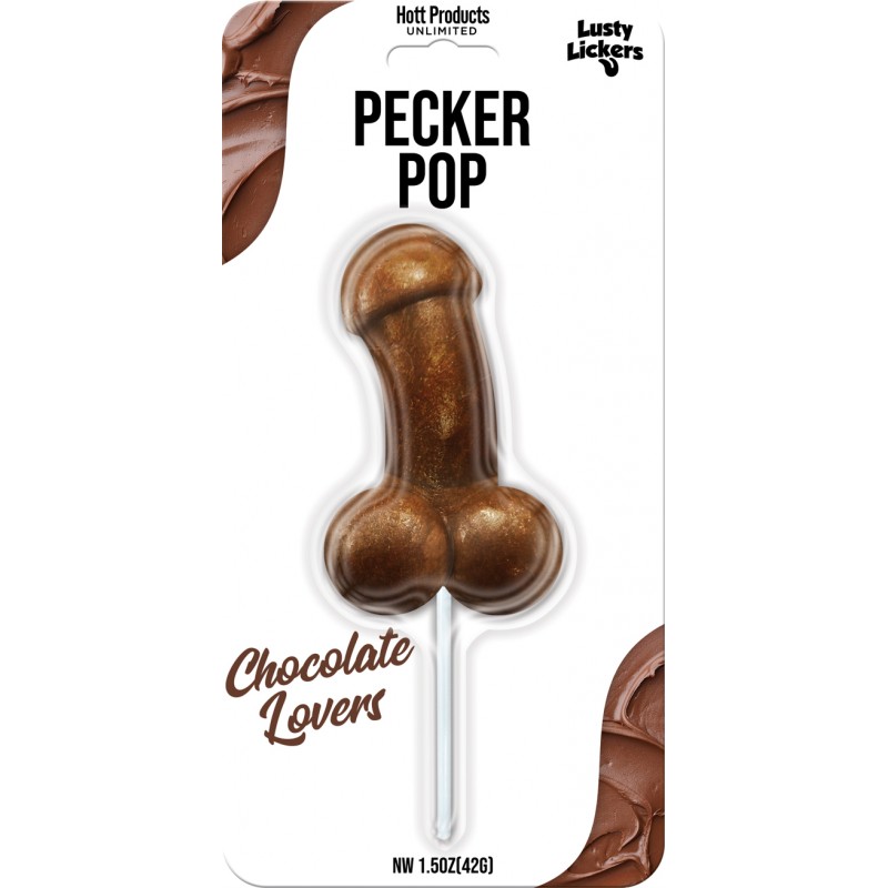 Pecker Pop. Penis Pop Chocolate Lovers Sucker 1.5 ounces from Hott Products. Lusty Lickers Penis Pop Pecker shaped Chocolate flavored candy on a stick. Our penis tastes great! Features: 1 per package. Great taste. Adults only please. 127 calories. Calorie