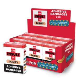 Add Insult To Injury Bandaids with Assorted Sayings Point of Purchase Display from Hott Products. Adhesive bandages Add Insult To Injury with the hilarious bandages. Sayings include: Total Pussy
